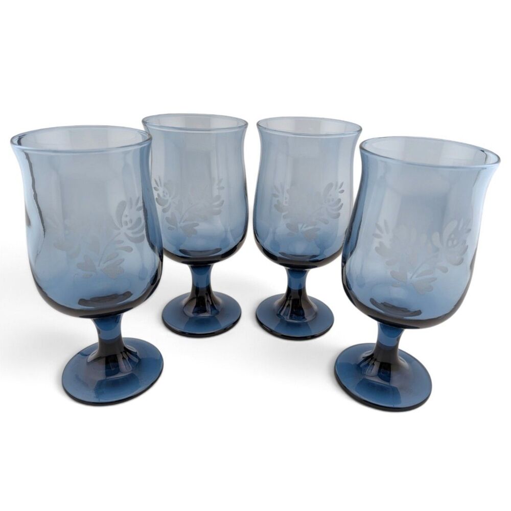 Pfaltzgraff Yorktowne Blue Etched Water Goblets 12 Oz 6.5" Set of 4